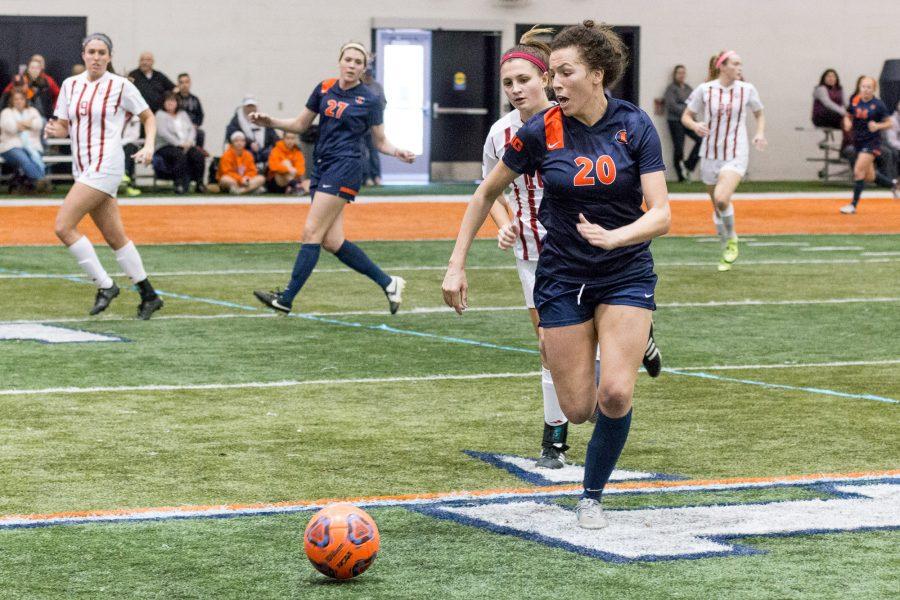 Illinois Kara Marbury runs for the ball during the game against Indiana in the annual 7 vs. 7 tournament at the Irwin Indoor Facility on February 27, 2016. The Illini won this game 4-0.