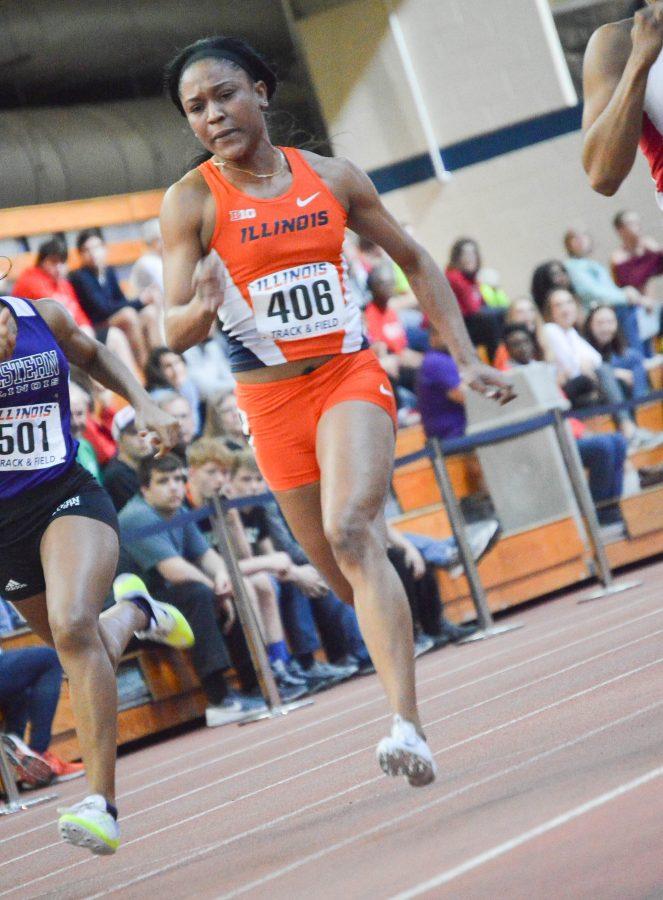 Illinois Pedrya Seymour runs the 60 Meter Dash at the Illinois Orange and Blue meet in the Armory on Saturday, Feb. 20, 2016.