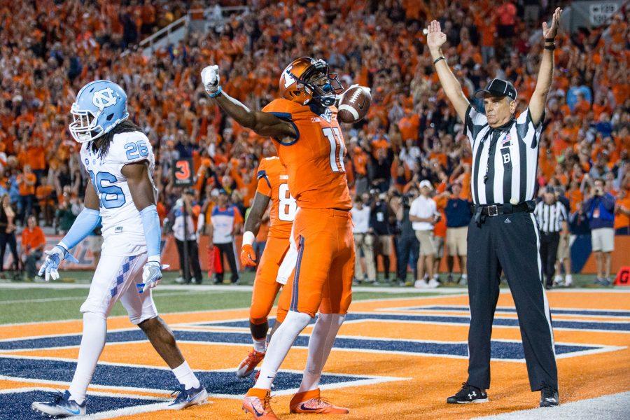 Illinois wide receiver Malik Turner(11) celebrates after scoring a touchdown during the game against North Carolina at Memorial Stadium on Saturday, September 10. The Illini loss 48-23.