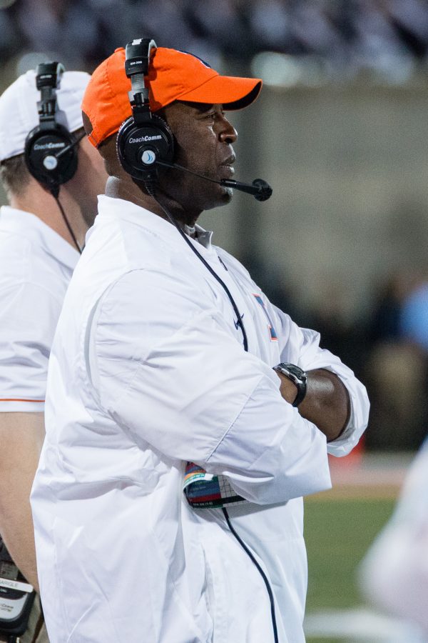 Illinois head coach Lovie Smith watches his team from the sidelines during the game against North Carolina at Memorial Stadium on Saturday, September 10. The Illini loss 48-23.