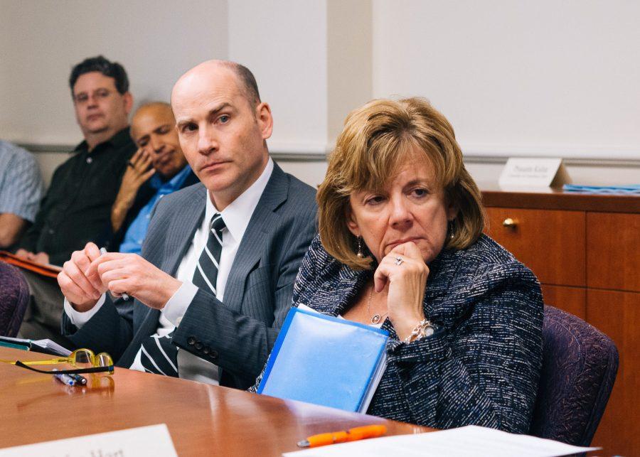 Interim Vice Chancellor Edward Feser (left) and Interim Chancellor Barbara Wilson (right) listen during the SEC meeting in Urbana, IL on Monday, April 25, 2016.