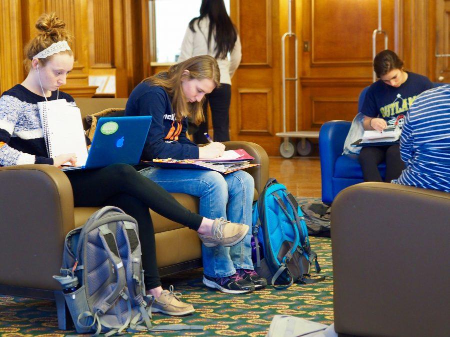 Students take advantage of study area in the Union in Urbana, IL.