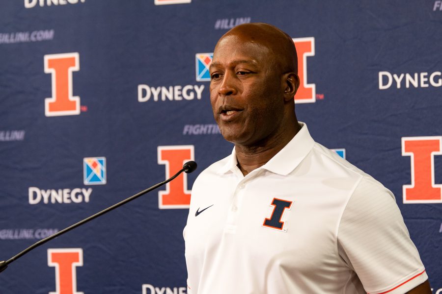 Illinois head football coach Lovie Smith talks to reporters during Media Day at Memorial Stadium on August 14.