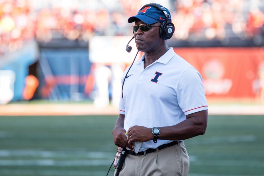 Illinois head football coach Lovie Smith watches his team from the sidelines during the game against Murrary State at Memorial Stadium on Saturday, September 3. The Illini won 52-3.