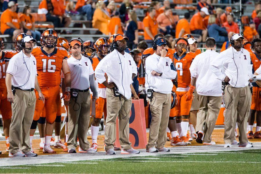 Illinois head coach Lovie Smith watches his team from the sidelines during the game against North Carolina at Memorial Stadium on Saturday, September 10. The Illini loss 48-23.