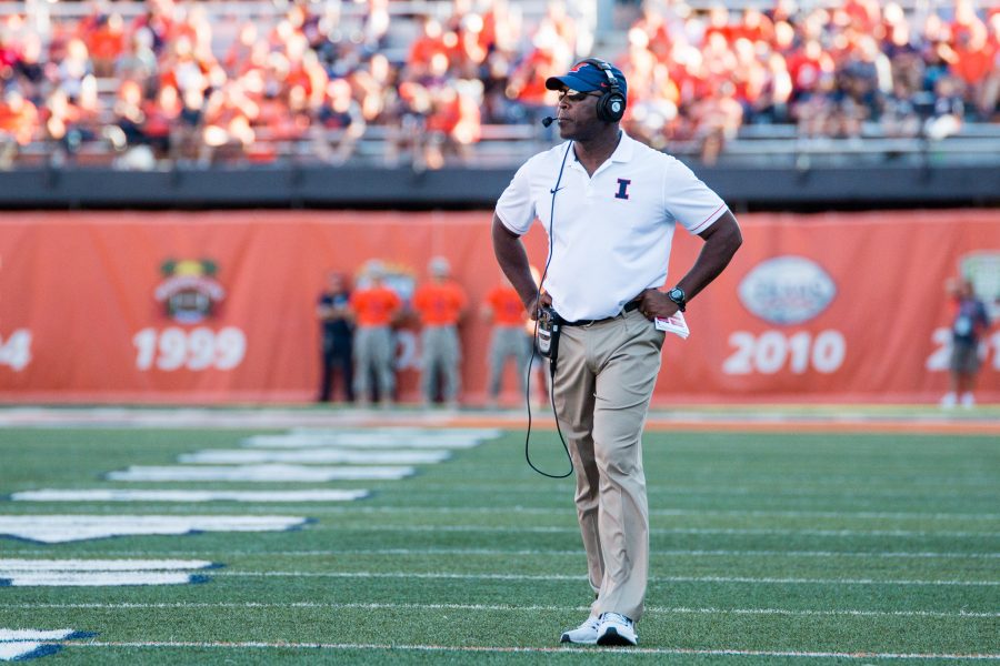 Illinois head coach Lovie Smith walks down the sideline during the game agaisnt Western Michigan at Memorial Stadium on September 17. The Illini lost 34-10. Lovie has lost two of his first three games as head coach of Illinois.