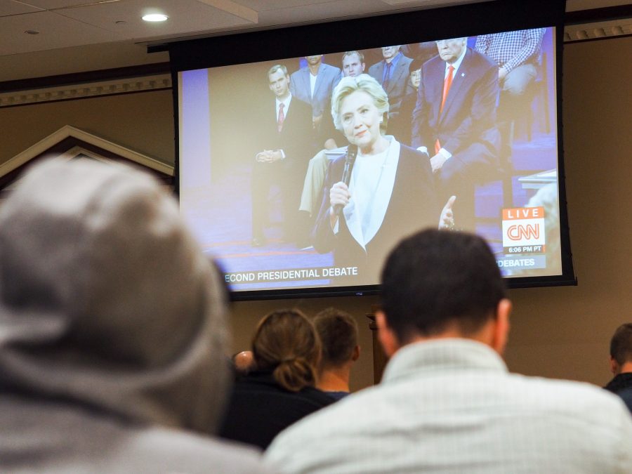 Students congregate at Illini Union to watch the second Presidential Debate between Democratic nominee Hilary Clinton and Republican nominee Donald Trump. October 9, 2016. 