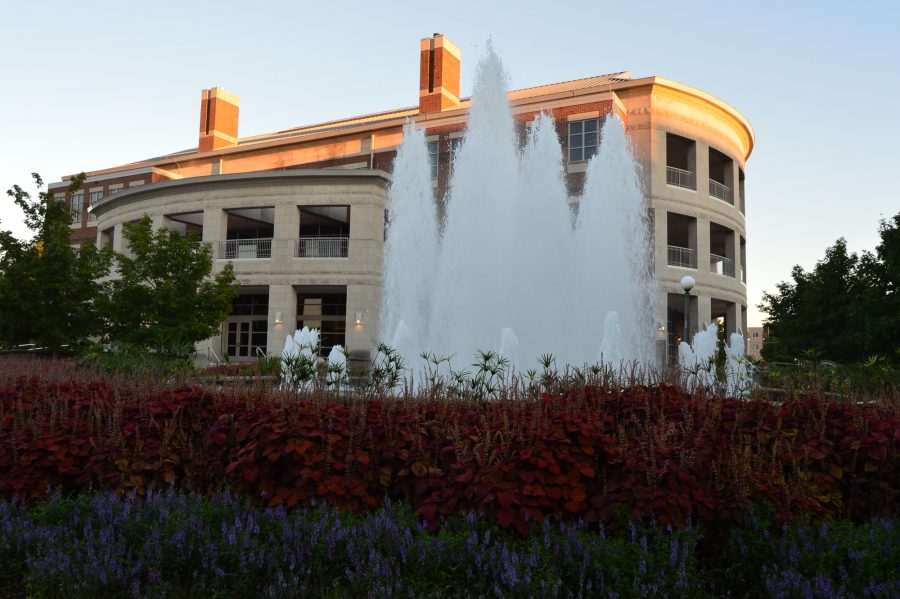 The Alice Campbell Alumni Center at sunset. 
