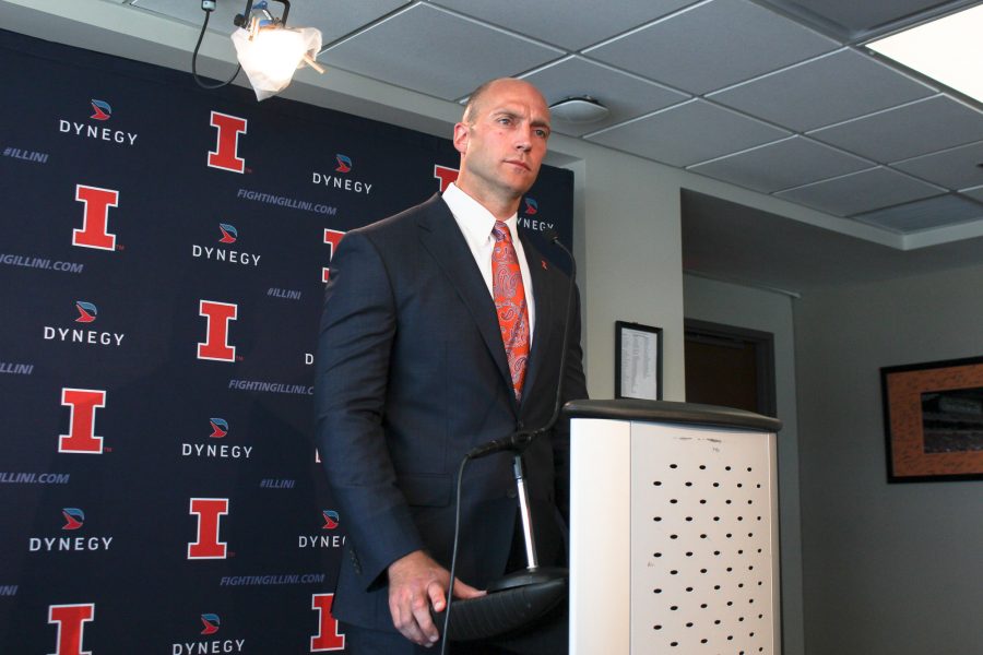 Athletic director Josh Whitman speaks at a press conference in Memorial Stadium on Oct. 3, 2016.