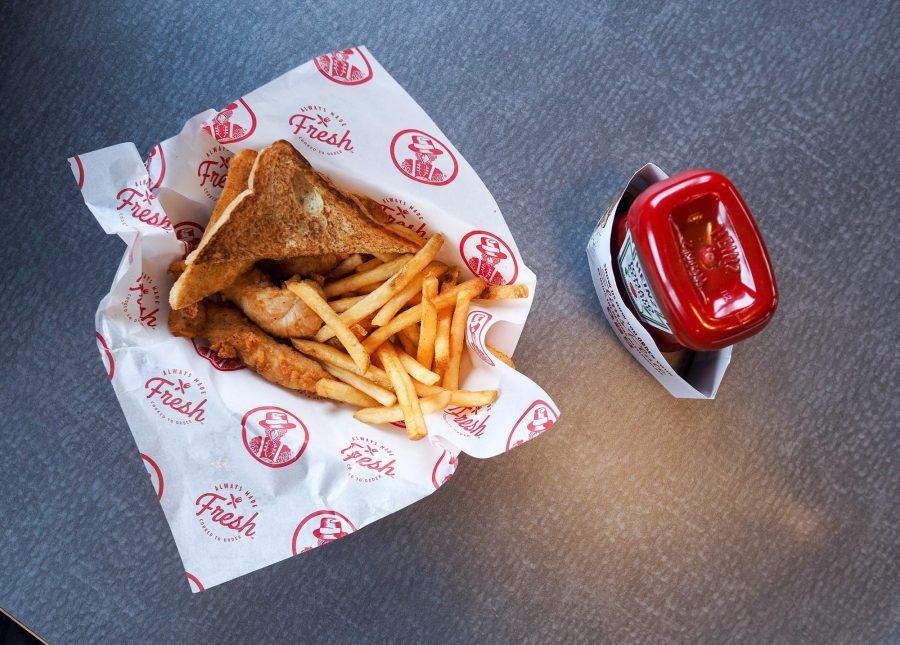 The Chicks Plate meal includes three tenders and each entree includes Texas toast, fries, and a medium drink and can be found at Slim Chickens off of Neil Street.