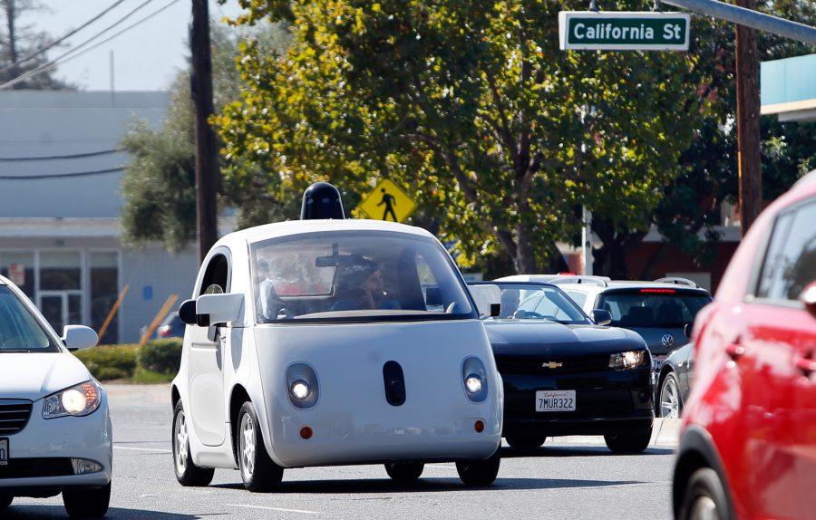 A Google self-driving car travels eastbound on San Antonio Road in Mountain View, Calif., on Wednesday, Oct. 22, 2015. (Karl Mondon/Bay Area News Group/TNS)