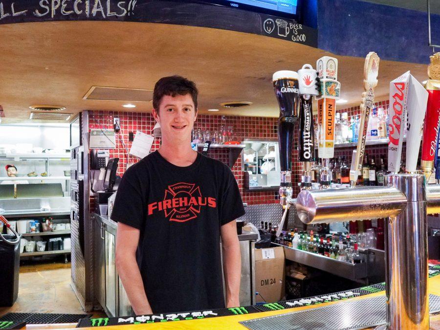 Eric Lotter (senior) a current bartender at Firehaus has been employed for three years. Champaign, IL. September 5, 2016.