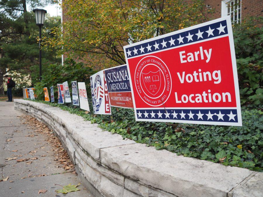 Early voting signs placed outside of the Illini Union notified students that they could vote early on Oct. 26, 2016. The Illini Union will be the only early voting location as the request to expand locations on campus was denied by Gordy Hulten.