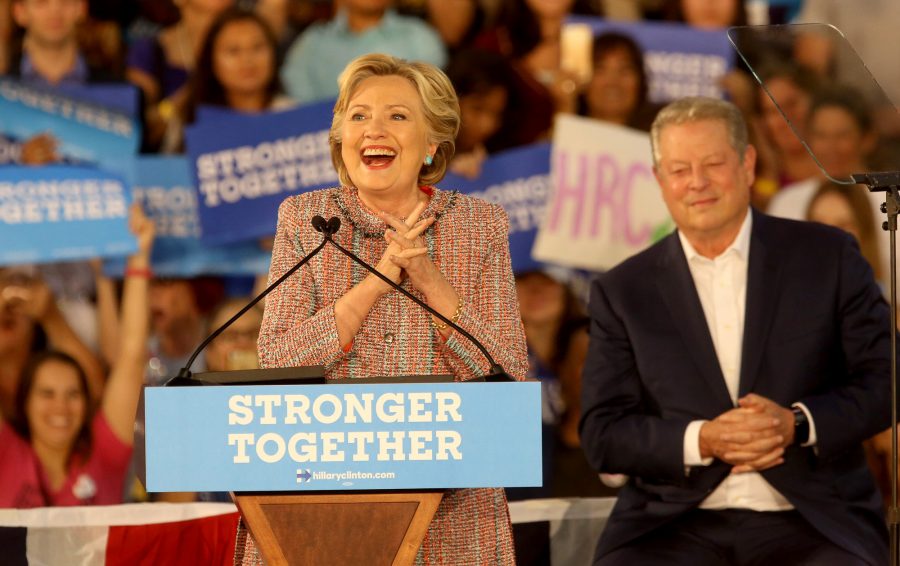 Hillary+Clinton+takes+the+stage+in+Miami+at+Miami+Dade+College+in+Kendall+with+former+Vice+President+Al+Gore.+The+two+discussed+climate+change+as+well+as+the+upcoming+election.