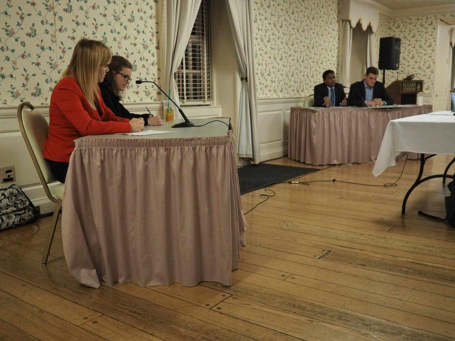 Illini Republicans Stephanie Menezes and Tayven Urbanc debate Illini Democrats Evan Keller and Rahul Raju on Oct. 6. 