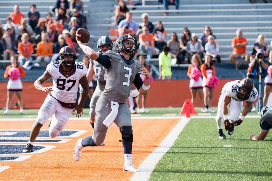 Illinois quarterback Jeff George Jr. throws a pass during the game against Minnesota at Memorial Stadium on Saturday October 29. The Illini lost 17-40.
