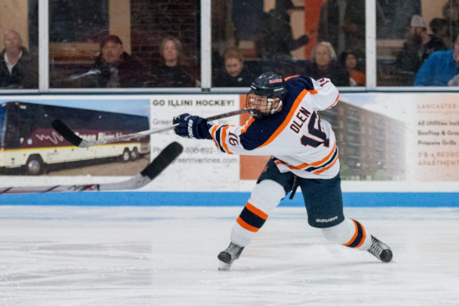 Illinois John Olen takes a shot during the game against Indiana Tech at the Ice Arena on February 27. The Illini won 5-2.
