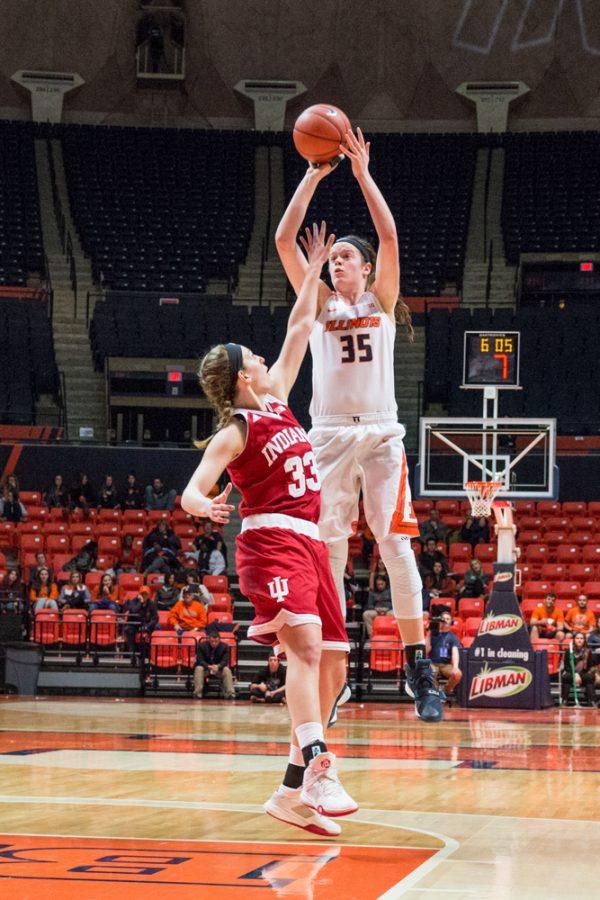 Illinois Alex Wittinger shoots a jumper over Indianas Amanda Cahill during the game against Indiana at the State Farm Center on February 10. The Illini lost 70-68.
