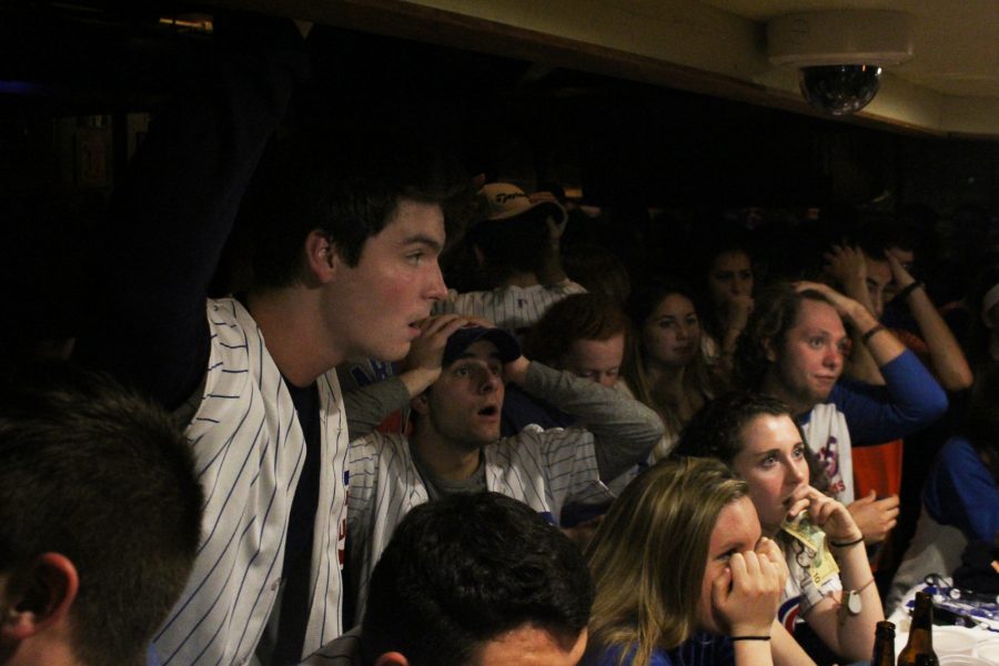 Students celebrate after the Cubs win Game 7 of the 2016 World Series against the Cleveland Indians on Wednesday, November 2 at Joe's Brewery.