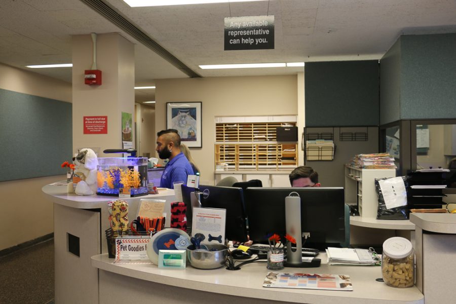 Employees work at the front desk of Small Animal Clinic inside Veterinary Teaching Hospital building on Thursday, Nov 10, 2016.