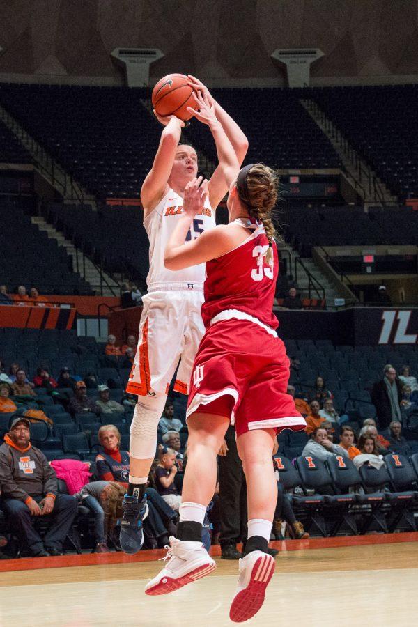 Illinois Alex Wittinger shoots a jumper over Indianas Amanda Cahill during the game against Indiana at the State Farm Center on February 10. The Illini lost 70-68.