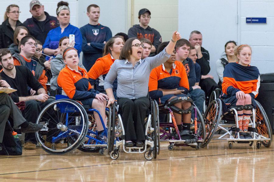 Illinois head coach Stephanie Wheeler shouts instructions to her team during the game against Alabama at the Activities and Recreation Center on February 12. The Illini won 56-47.