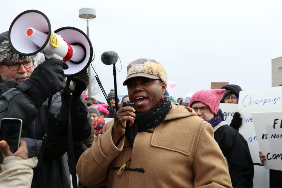 Illinois State Representative Carol Ammons speaks the rally held in front of Willard Airport on Sunday.