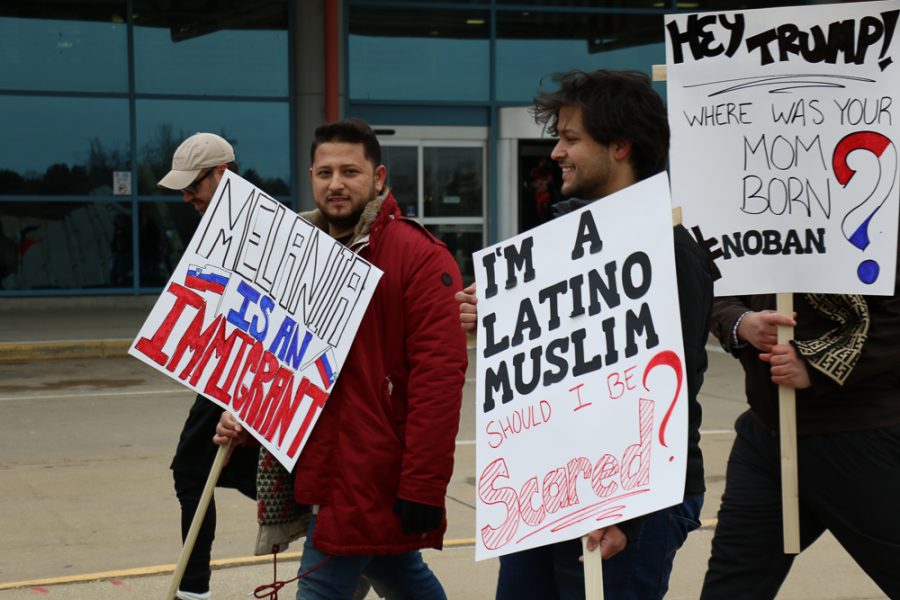 People gathered at Willard Airport on Sunday to protest President Donald Trump's executive order to ban citizens of seven Muslim-majority countries from the U.S.