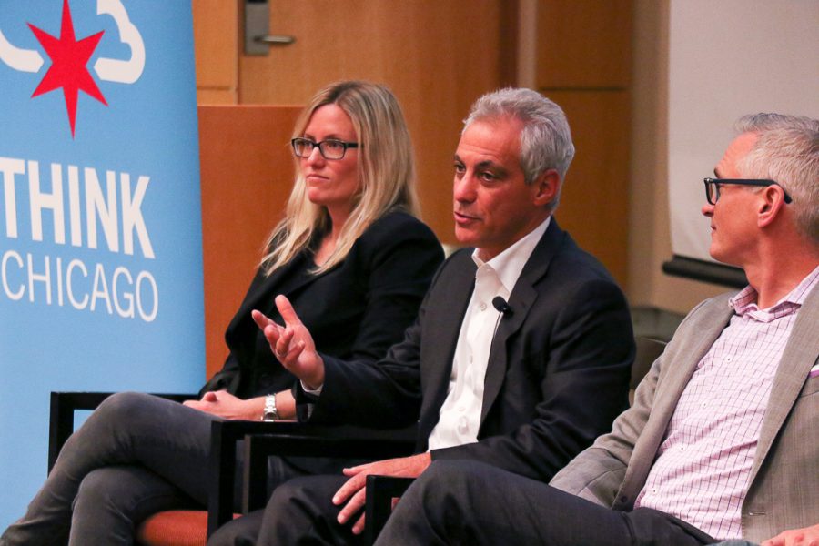 Chicago Mayor Rahm Emanuel speaks on a panel in the Think Chicago job fair at the Siebel Center on Monday, Jan. 30.