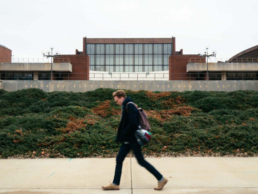 A student walks past the Krannert Center for the Performing Arts on Friday, Jan. 27, 2017.