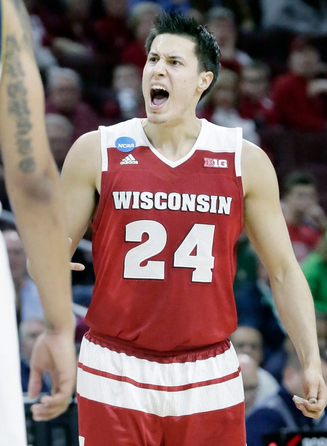 Wisconsin's Bronson Koenig reacts to first-half action against Notre Dame during a Sweet 16 matchup in the NCAA Tournament's East region at the Wells Fargo Center in Philadelphia on Friday, March 25, 2016. 