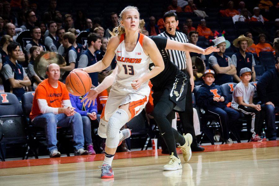 Illinois Petra Holešínská (13) dribbles around her defender during the game against Wake Forest at State Farm Center on Wednesday, November 30. The Illini lost 79-70.