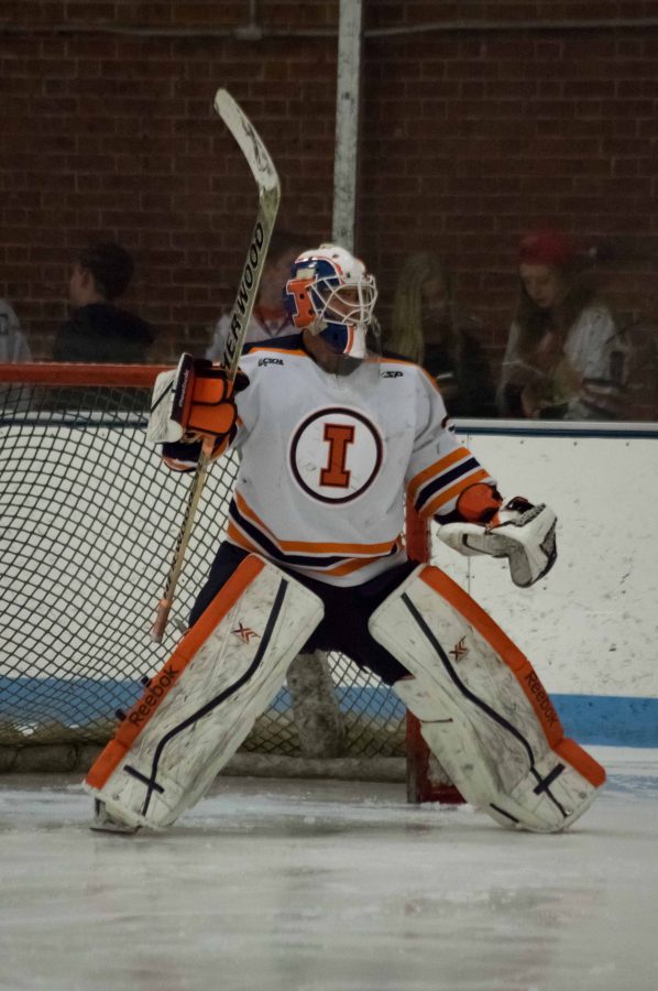 Illinois David Heflin defends the goal at the game against Indiana Tech on Saturday, February 27, 2016.