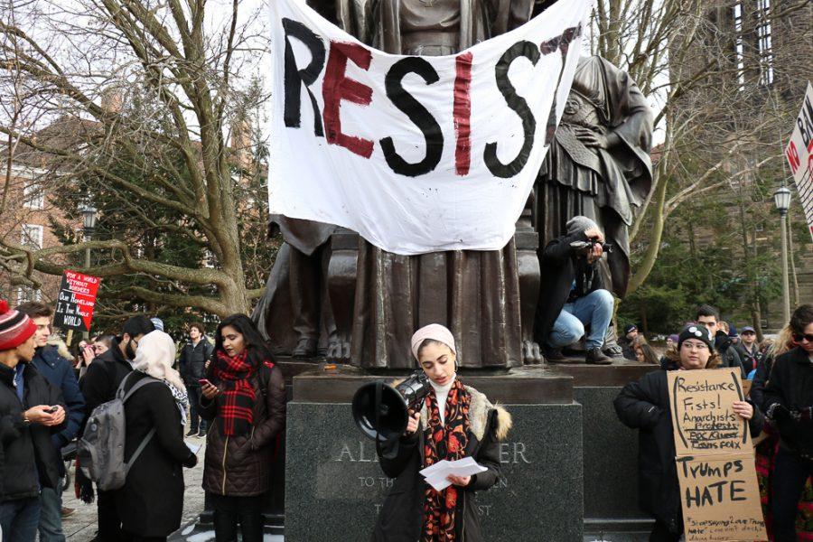 Protestors hold a rally at Alma Mater on Jan. 30.