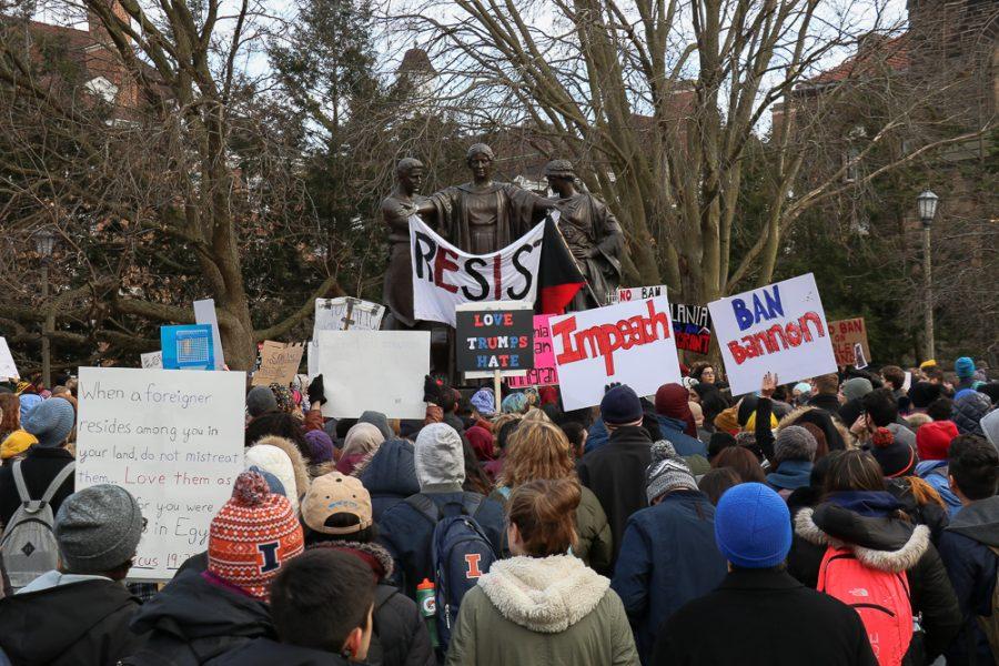 Protestors hold a rally at Alma Mater on Monday, Jan. 30.