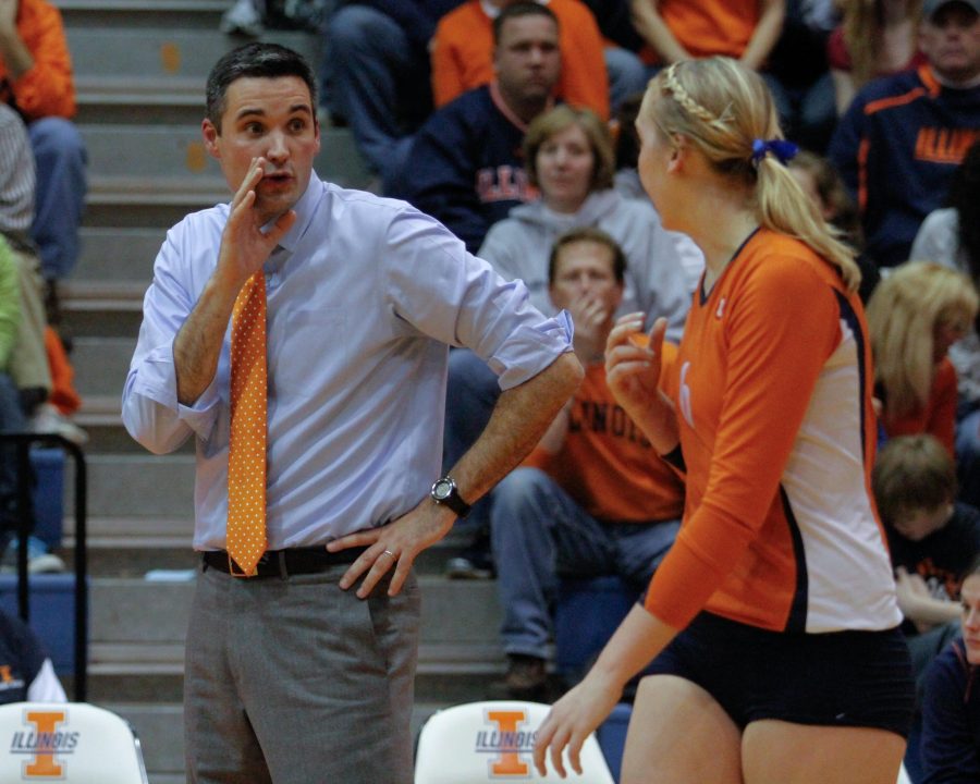 Illinois+head+coach+Kevin+Hambly+gives+instruction+to+Michelle+Bartsch+%286%29+at+the+match+against+Ohio+State+at+Huff+Hall+on+Saturday%2C+Nov.+12%2C+2011.+The+Illini+won+in+4+sets.