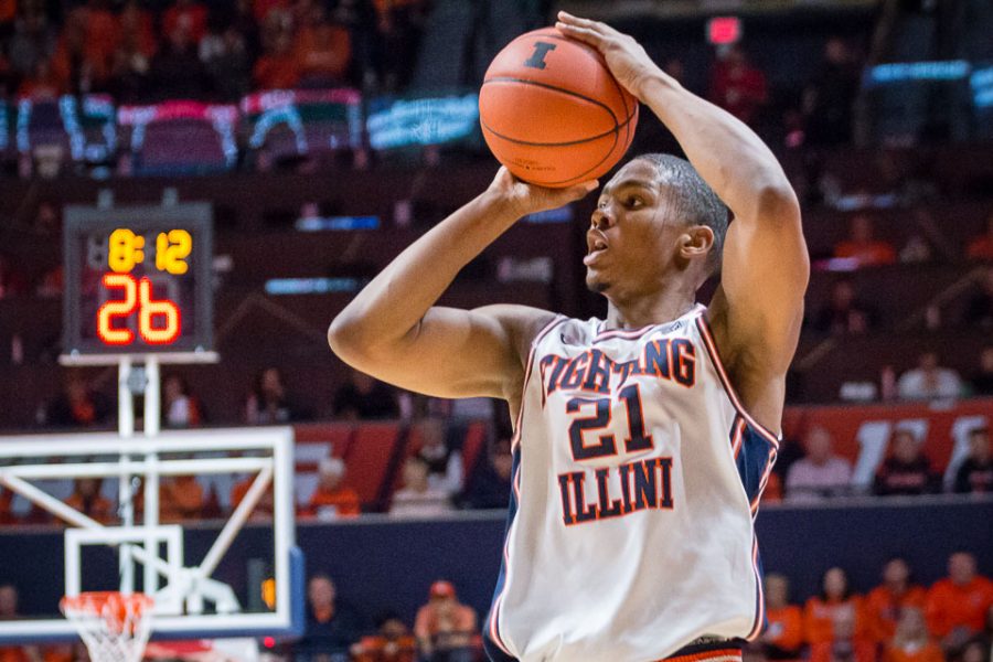 Illinois+Malcolm+Hill+%2821%29+pulls+up+for+a+jump+shot+during+the+game+against+Ohio+State+at+State+Farm+Center+on+Sunday%2C+January+1.+The+Illini+won+75-70.