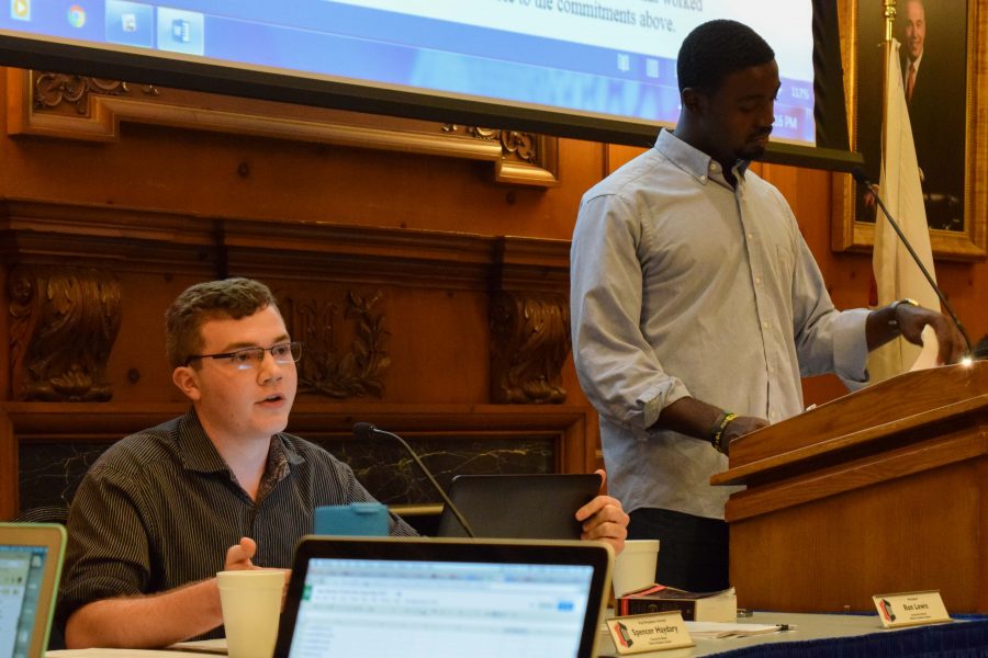 Vice President, Spencer Haydary, of the Student Senate joins the debate on the issue regarding the implementation of “consequences” for registered organizations that offend minority cultures at their General Meeting held at the Illini Union on Wednesday, August 31, 2016.