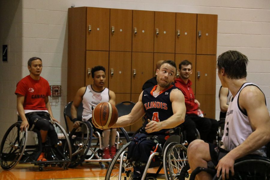 Illinis Ryan Neiswender takes the ball down the court against the Canadian National Team at the ARC on Jan. 28th.