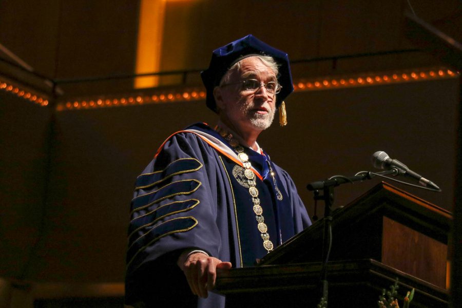 University of Illinois System President, Tim Killeen speaks at graduation. The UI System Board of Trustees recently approved the budget for fiscal year 2020, giving Kileen a $100,000 one-time reward for his work in fiscal year 2019. Kileens total salary, combined with the reward for 2019 was $700,000.