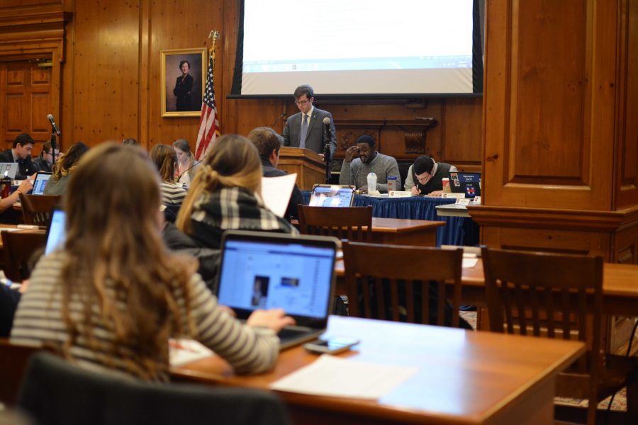 The Illinois Student Government meets in the Pine Room in the Illini Union.