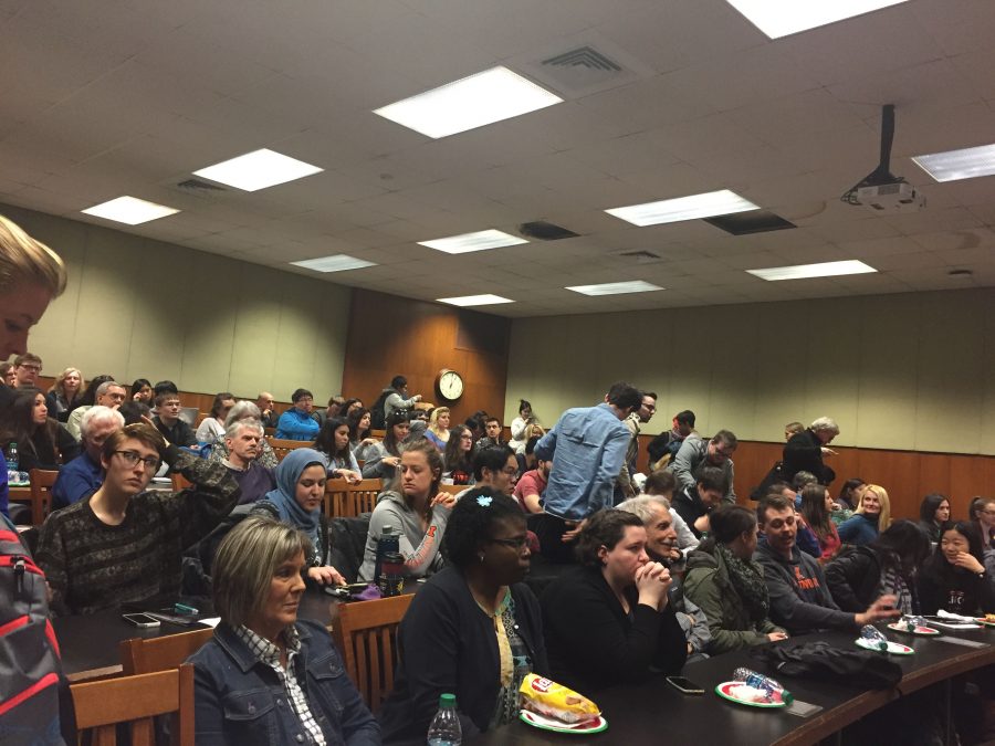 Students and faculty gather Friday for the College of Laws panel discussing President Donald Trumps executive order limiting immigration from the Middle East. 