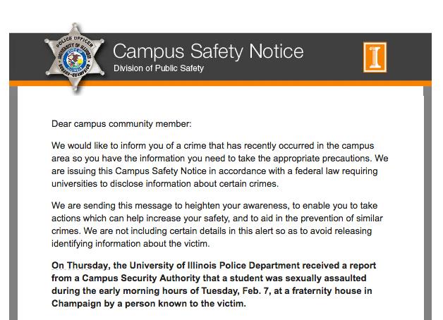 Students received this Campus Safety Notice on February 9th regarding an alleged sexual assault.