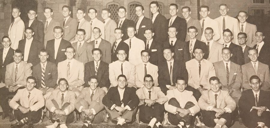 Frank Sommers; top row, far right; poses with his Sigma Alpha Mu brothers. Sommers graduated in 1956 but has seen many changes at the University while visiting his children and grandchildren.