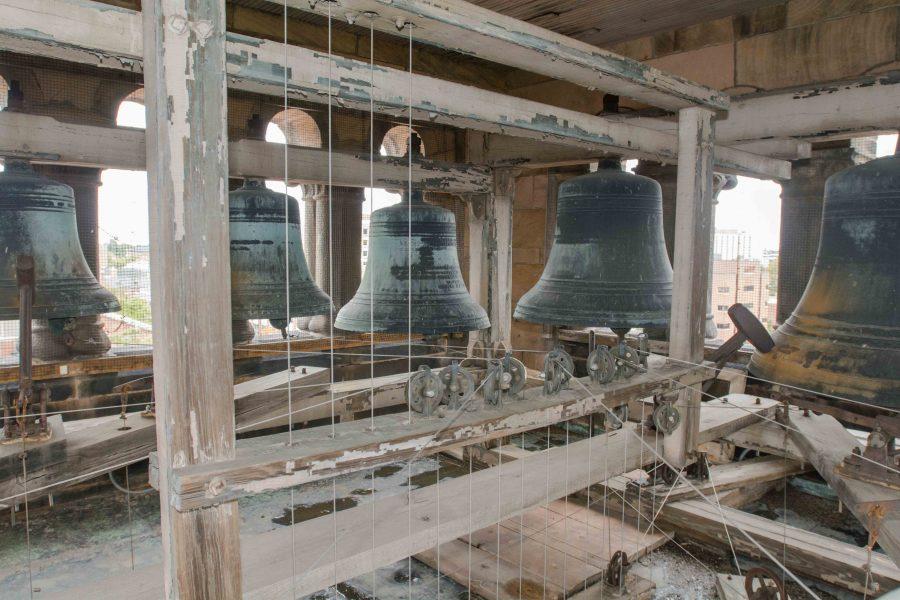 A view of the chime in the Altgeld Hall bell tower. The chime will play Archaea simultaneously with the McFarland Carillon as part of the Sesquicentennial. 