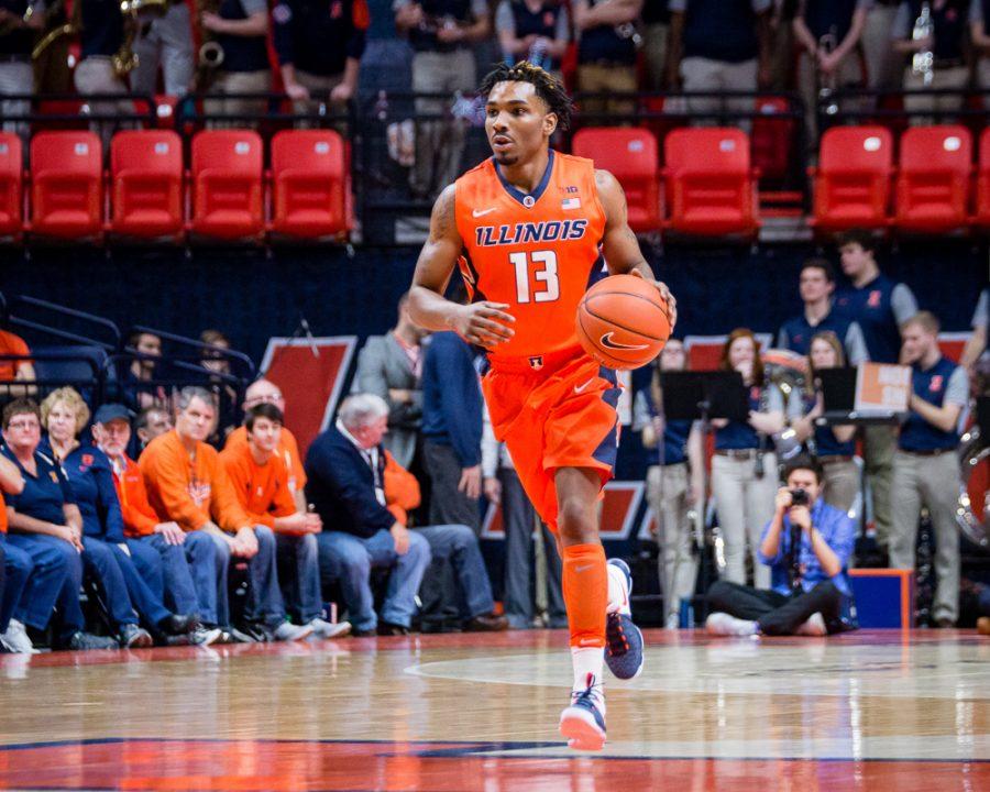 Illinois+Tracy+Abrams+%2813%29+brings+the+ball+up+the+court+during+the+game+against+Penn+State+at+State+Farm+Center+on+Saturday%2C+February+11.+The+Illini+lost+83-70.