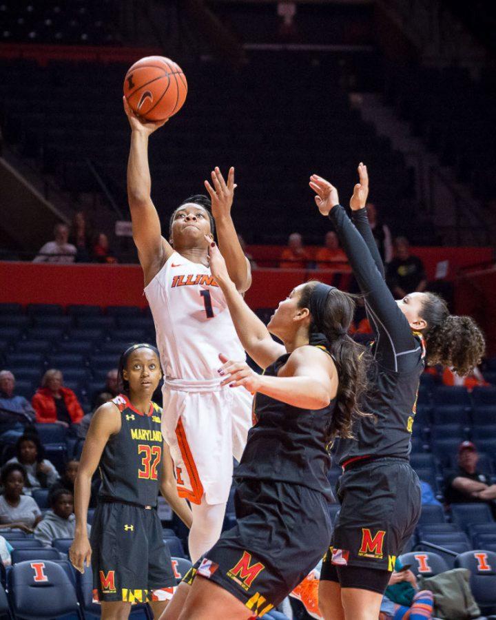 Illinois Brandi Beasley (1) goes up for a layup during the game against Maryland at State Farm Center on Thursday, January 26.