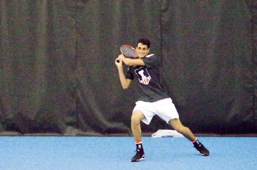 Illinis Gui Gomez plays against University of North Carolina at the Atkins Tennis Center on Friday, Fe. 4th.