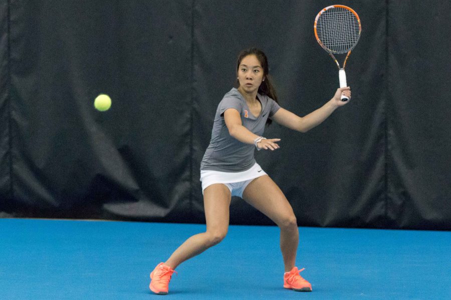Illinois Louise Kwong gets ready to return the ball during the match against Nebraska at the Atkins Tennis Center on Sunday, April 3. The Illini won 4-1.