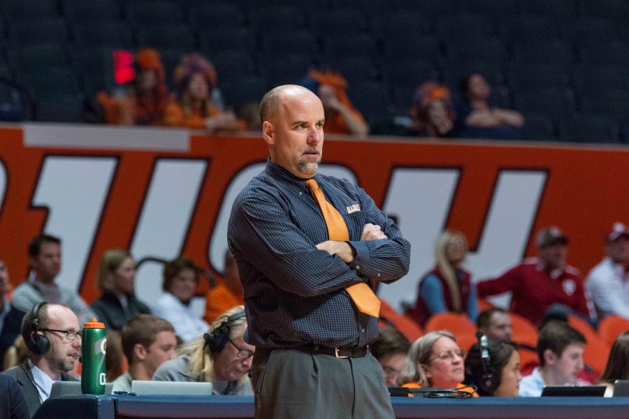 Illinois head coach Matt Bollant watches his team during the game against Indiana at the State Farm Center on February 10. The Illini lost 70-68.
